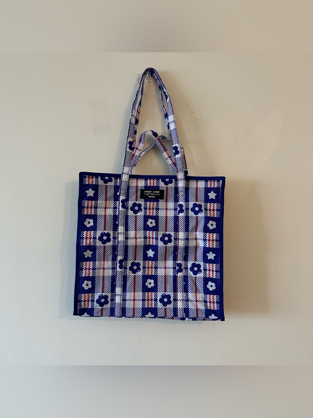 IN HAND SHIPS NOW Sandy Liang x Baggu Market Bag Plaid Blue Large Nylon Tote